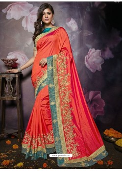 Orange Heavy Embroidered Designer Silk Sari