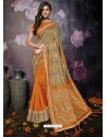 Beige Heavy Embroidered Designer Silk Sari