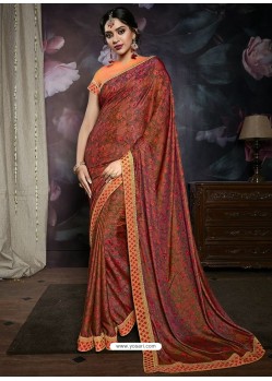 Brown Heavy Embroidered Designer Silk Sari