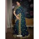 Teal Blue Heavy Embroidered Designer Silk Sari
