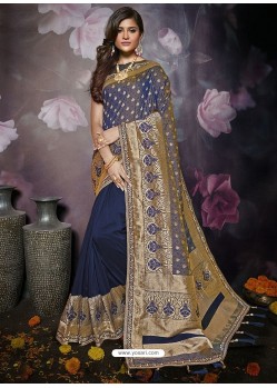 Dark Blue Heavy Embroidered Designer Silk Sari