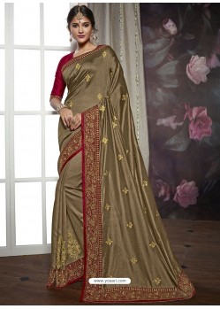 Camel Heavy Embroidered Designer Silk Sari