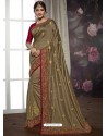 Camel Heavy Embroidered Designer Silk Sari