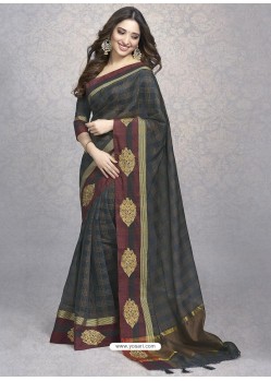 Carbon Heavy Embroidered Designer Silk Sari