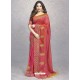 Peach Heavy Embroidered Designer Silk Sari