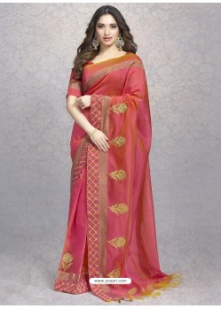 Peach Heavy Embroidered Designer Silk Sari