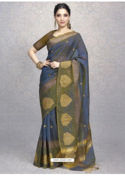 Navy Blue Heavy Embroidered Designer Silk Sari