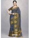 Navy Blue Heavy Embroidered Designer Silk Sari