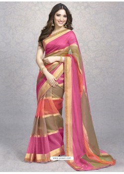 Hot Pink Heavy Embroidered Designer Silk Sari