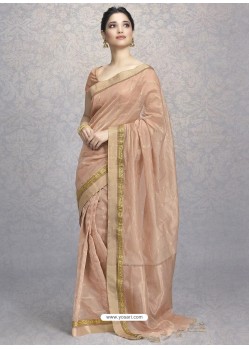Light Brown Heavy Embroidered Designer Silk Sari
