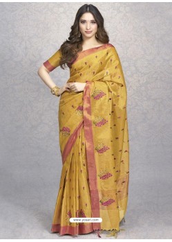 Yellow Heavy Embroidered Designer Silk Sari