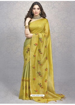 Corn Heavy Embroidered Designer Silk Sari