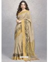 Beige Heavy Embroidered Designer Silk Sari