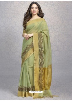 Olive Green Heavy Embroidered Designer Silk Sari