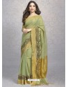 Olive Green Heavy Embroidered Designer Silk Sari