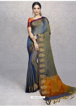 Blue Heavy Embroidered Designer Silk Sari
