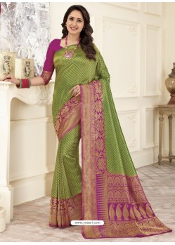 Parrot Green Heavy Embroidered Designer Silk Sari