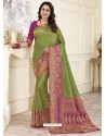 Parrot Green Heavy Embroidered Designer Silk Sari