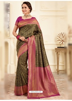 Carbon Heavy Embroidered Designer Silk Sari