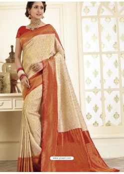 Cream Heavy Embroidered Designer Silk Sari