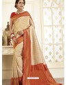 Cream Heavy Embroidered Designer Silk Sari