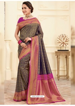 Navy Blue Heavy Embroidered Designer Silk Sari