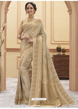 Light Beige Heavy Embroidered Designer Silk Sari