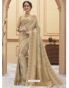 Light Beige Heavy Embroidered Designer Silk Sari