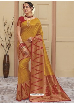 Yellow Heavy Embroidered Designer Silk Sari