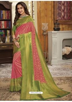 Peach Heavy Embroidered Designer Silk Sari