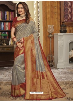 Grey Heavy Embroidered Designer Silk Sari