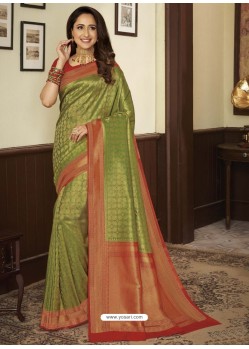 Parrot Green Heavy Embroidered Designer Silk Sari
