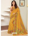 Yellow Heavy Embroidered Designer Silk Sari