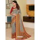 Grey Heavy Embroidered Designer Silk Sari