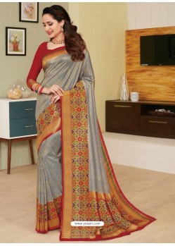Grey Heavy Embroidered Designer Silk Sari