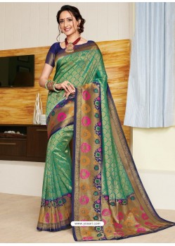 Sea Green Heavy Embroidered Designer Silk Sari