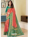 Peach Heavy Embroidered Designer Silk Sari