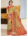 Cream Heavy Embroidered Designer Silk Sari