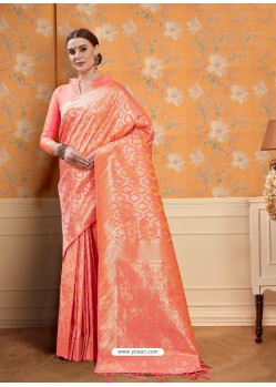 Peach Classic Wear Embroidered Designer Silk Sari