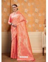 Peach Classic Wear Embroidered Designer Silk Sari
