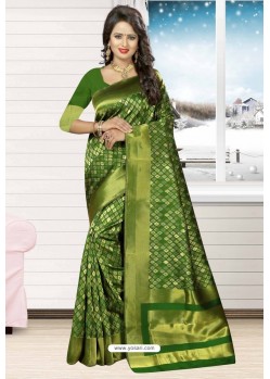 Parrot Green Heavy Embroidered Designer Kanjivaram Silk Sari