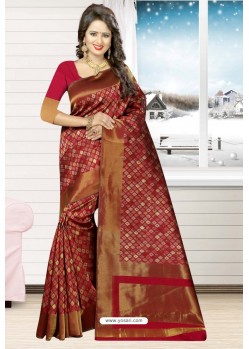 Crimson Heavy Embroidered Designer Kanjivaram Silk Sari