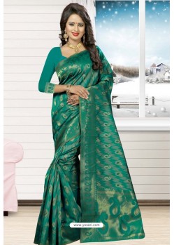 Aqua Mint Heavy Embroidered Designer Kanjivaram Silk Sari