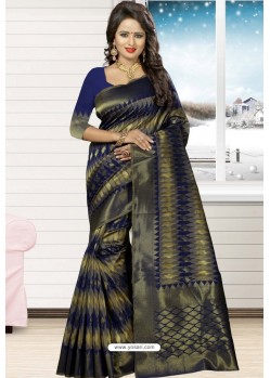 Navy Blue Heavy Embroidered Designer Kanjivaram Silk Sari