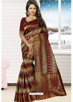 Maroon Heavy Embroidered Designer Kanjivaram Silk Sari