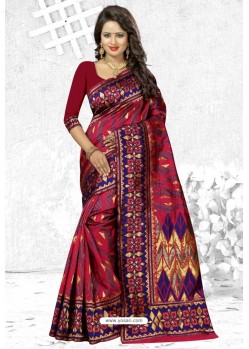 Rose Red Heavy Embroidered Designer Cherry Banarasi Silk Sari