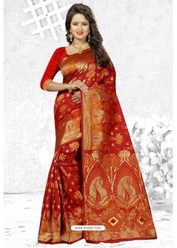 Red Heavy Embroidered Designer Cherry Banarasi Silk Sari