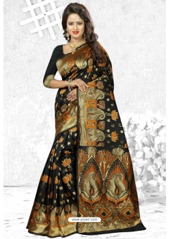 Black Heavy Embroidered Designer Cherry Banarasi Silk Sari