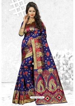 Royal Blue Heavy Embroidered Designer Cherry Banarasi Silk Sari