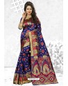 Royal Blue Heavy Embroidered Designer Cherry Banarasi Silk Sari